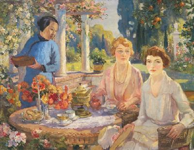 Colin Campbell Cooper [1856-1937] "Tea Time, Santa Barbara 1921" 36 x 46 inches, oil on canvas, excellent condition!